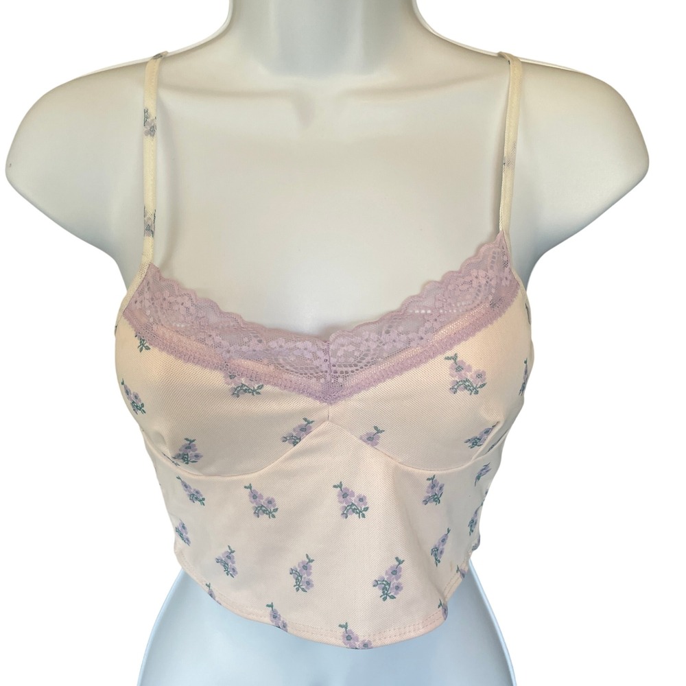 Womens Y2K Fairy Babydoll Floral Lace Trim Cropped Cami Top‎ Small Pink Coquette - Picture 1 of 9